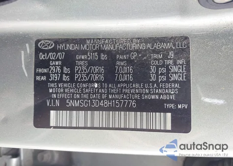 2008 Hyundai Santa Fe Gls from USA, damaged, VIN 5NMSG13D48H157776